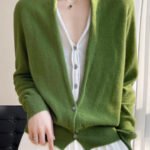 Women Green V Neck Button Patchwork Wool Knit Top Fall