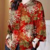 Women Red Stand Collar Button Print Patchwork Silk Blouse Top Summer