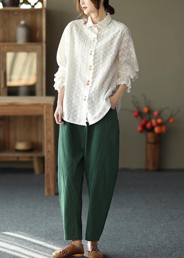 Women White Embroidery shirts Lapel white button loose Spring blouse
