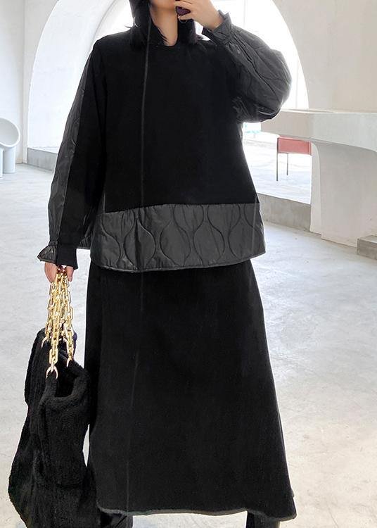 Women’s Retro Winter Fashion Black Patchwork sweater skirt two piece set
