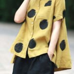 Yellow Dot Print Patchwork Linen Top Button Stand Collar Summer