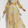 Yellow Olena Abstract Floral Balloon Sleeves Maxi Dress