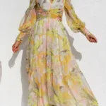 Yellow Olena Abstract Floral Balloon Sleeves Maxi Dress