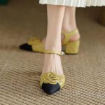 Yellow Pointed Toe Floral Chunky Heel Faux Leather Fashion Sandals