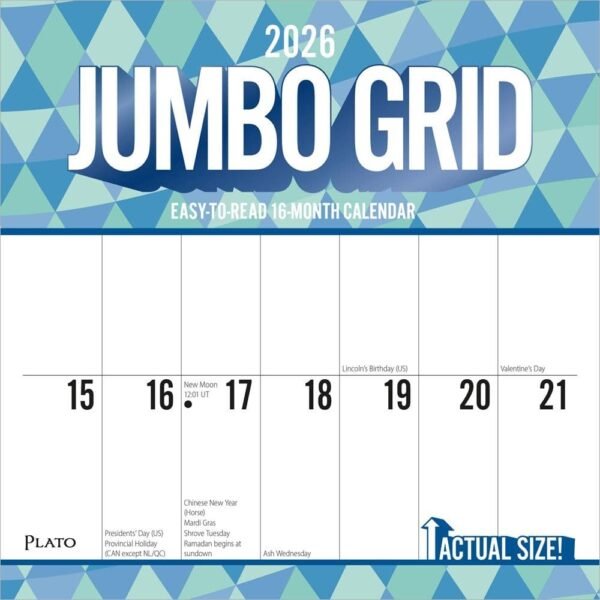 Jumbo Grid Large Print Plato 2026 Wall Calendar