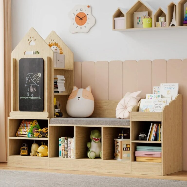 Kids Reading Nook with Storage Bench and Chalkboard, Wooden Kids Bookshelf and Toy Storage, Toy Organizer for Boys & Girls, Tod - AliExpress 1503