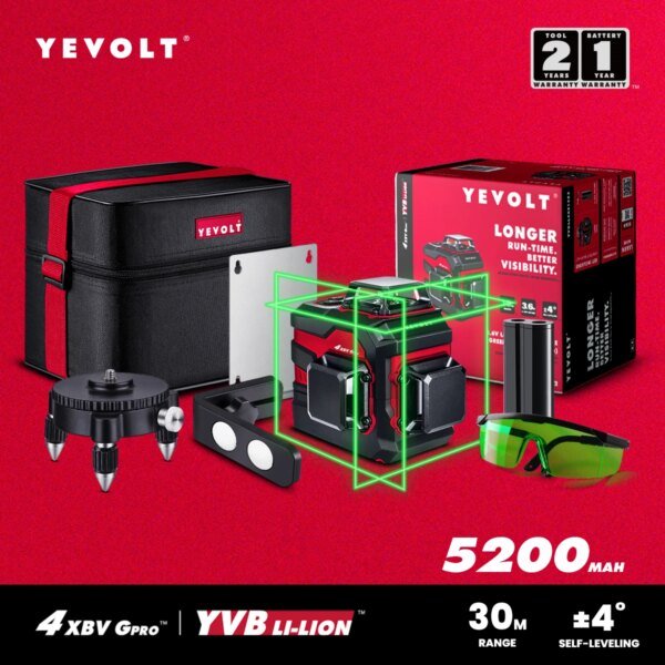YEVOLT YVGLL4XS12B2PRO 12-Line 360° 3D Green Laser Level Kit-5200mAh Battery,Glasses, Wall Bracket, Rotating Base, Oxford Bag - AliExpress 1420